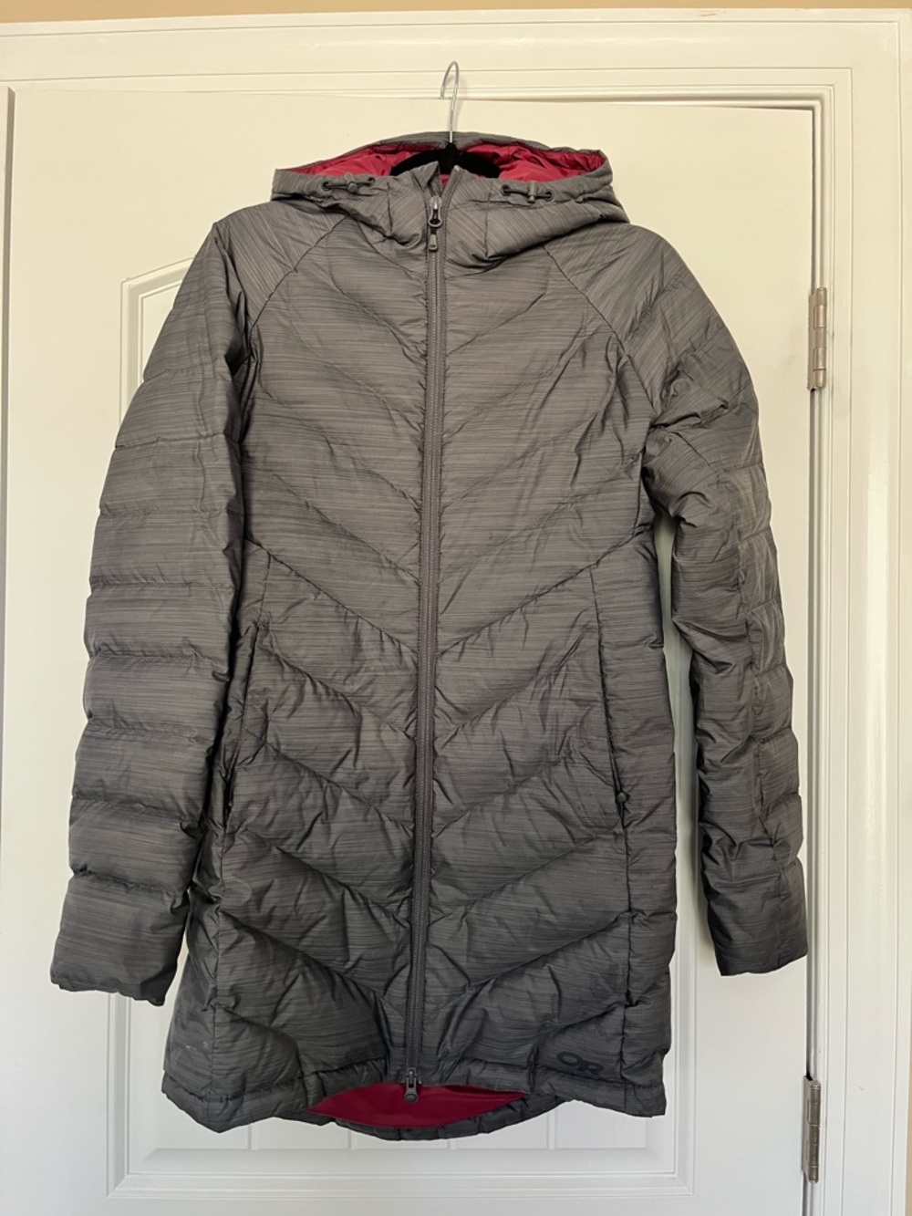 Outdoor Research Women's Gray Hooded Puffer Coat with Pink Lining